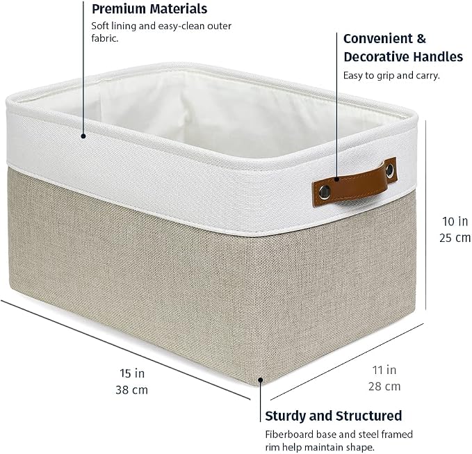 OrganiHaus 15x11in Canvas Storage Baskets 3 Pack - Fabric Bins for Shelves | Vegan leather handles; a decorative closet organizer for clothes, shoes, or toys; bedroom container