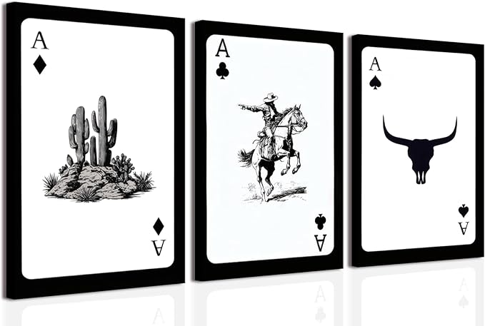Western Cowboy Wall Art Set of 3 Southwestern Cowboy Print Playing Card Canvas Wall Decor Longhorn Bull Skull Poster Picture Prints Painting for Bedroom Living Room 12x16 In Framed