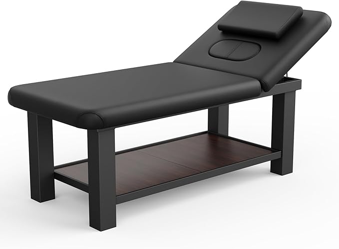 pouseayar Heavy Duty Durable Wide Stationary Massage Bed with Backrest, Professional Spa Facial Treatment Table, Metal Frame PU Leather Therapy Table(Segmented Structure)