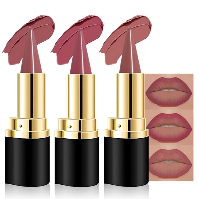 evpct 3Pcs Mauve Red Dusty Rose Gradient Matte Lipstick Lip Liner Crayon Combo Pencil Set for Women Long Lasting Waterproof, Cream Lip Liner and Lipstick Combo Makeup，Flawless Gradual Ombre Effect