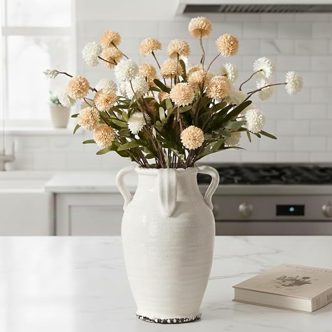 Vaseking White Ceramic Vase with 4 Handles, 10.16" Tall Retro Ice Cracked Flower Vase, Antique Vases for Modern Farmhouse Home Decor, Wedding, Living Room, Table, Shelf Decor, Cracked White