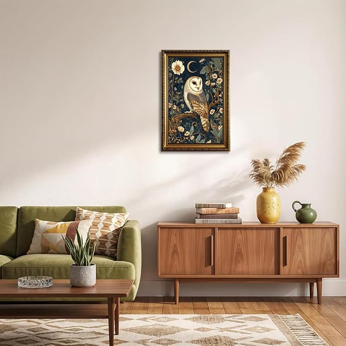 William Morris Gold Framed Wall Art Vintage Woodland Barn Owl Wall Decor | Cottagecore Botanical Animal Pictures Canvas Art Moody Dark Academia Framed Prints Artwork for Bedroom Bookshelf Gallery Wall