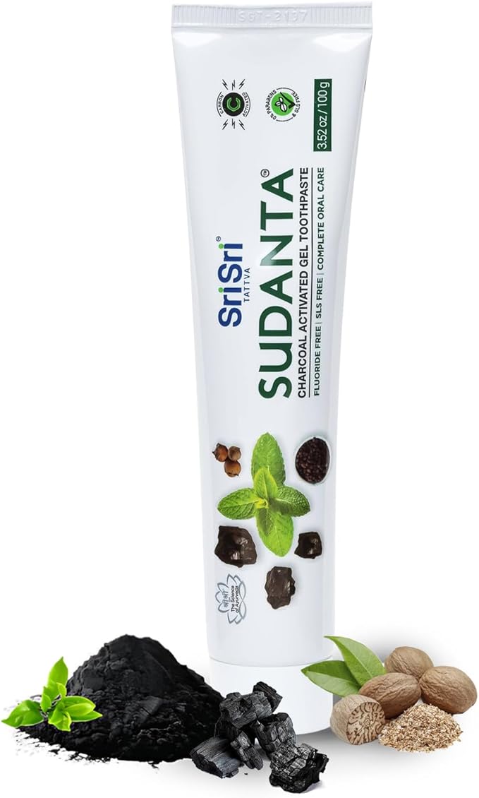 Sri Sri Tattva Sudanta Charcoal Toothpaste Gel – SLS, Fluoride Free Herbal Toothpaste with Neem & Ayurvedic Herbs – Natural Teeth Whitening, Fresh Breath, Oral & Gum Health – 100g Tube (Pack of 2)