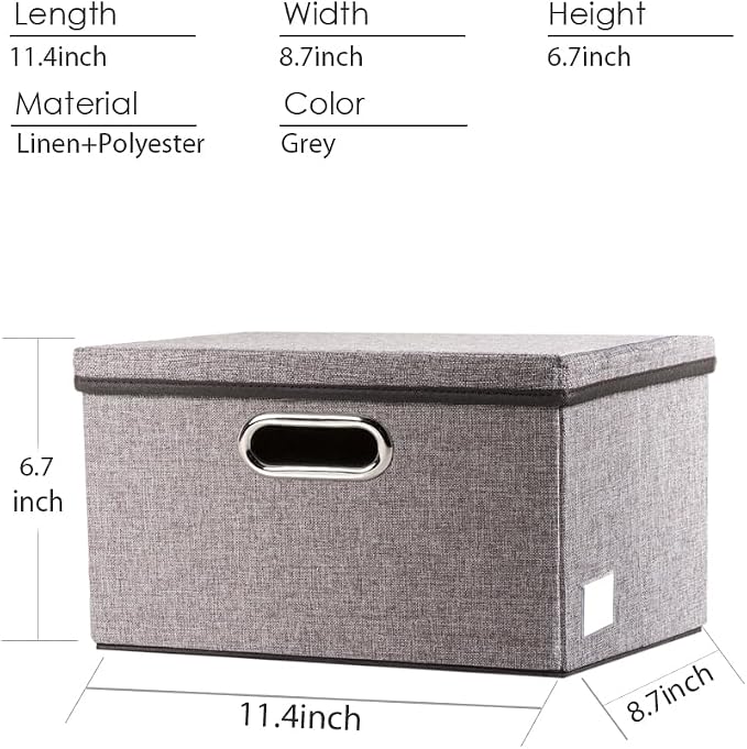 Storage Bins with Lids [3-Pack] Linen Fabric Foldable Storage Boxes Organizer Containers Baskets Cube with Cover for Home Bedroom Closet Office Nursery Grey（11.4X8.6X6.7