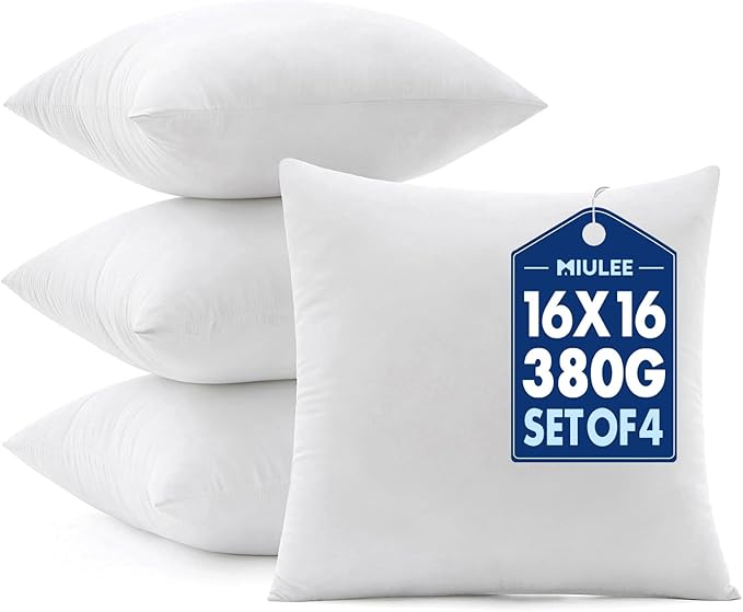 MIULEE 16x16 Pillow Inserts 4 Pack, 100% Virgin Fiber Filling Throw Pillows | Decorative Pillows for Sofa Bed Couch, Firm and Full Pillows, Excellent Support, Soft Brushed Fabric