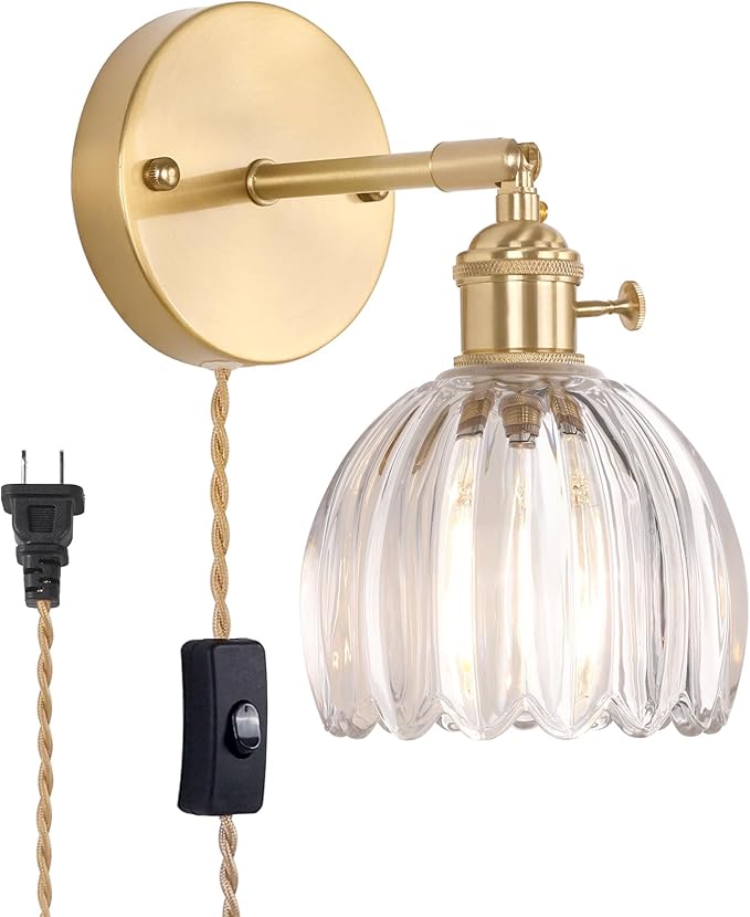 Shenmoyl Plug in Wall Sconce, Transparent Tulip Glass Lampshade Wall Light Plugin Corded for Bedside Bedroom Doorway