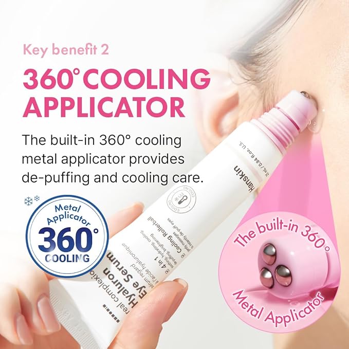 Hanskin Hyaluron Eye Serum – Korean Hydrating Eye Care | 4 Types of Hyaluronic Acid & Cooling Metal Applicator | De-Puffing, Smoothing & Brightening for Tired, Dry Skin | 0.85 fl oz