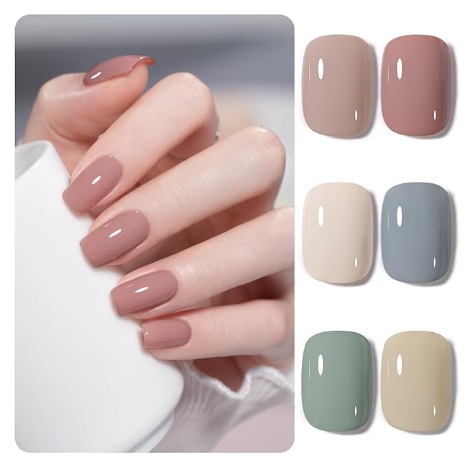 GAOY Neutral Gel Nail Polish Set, 6 Colors Blue Green Beige White, UV Light Cure Gel Polish for Salon and Nail Art DIY at Home