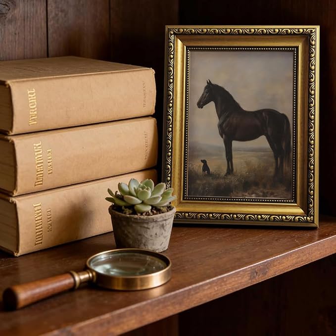 Vintage Equestrian Gold Framed Wall Art Black Horse Gundog Wall Decor Art | Antique Victorian Animal Picture Canvas Art Western Country Paintings Small Framed Prints Artwork for Bookshelf Gallery Wall