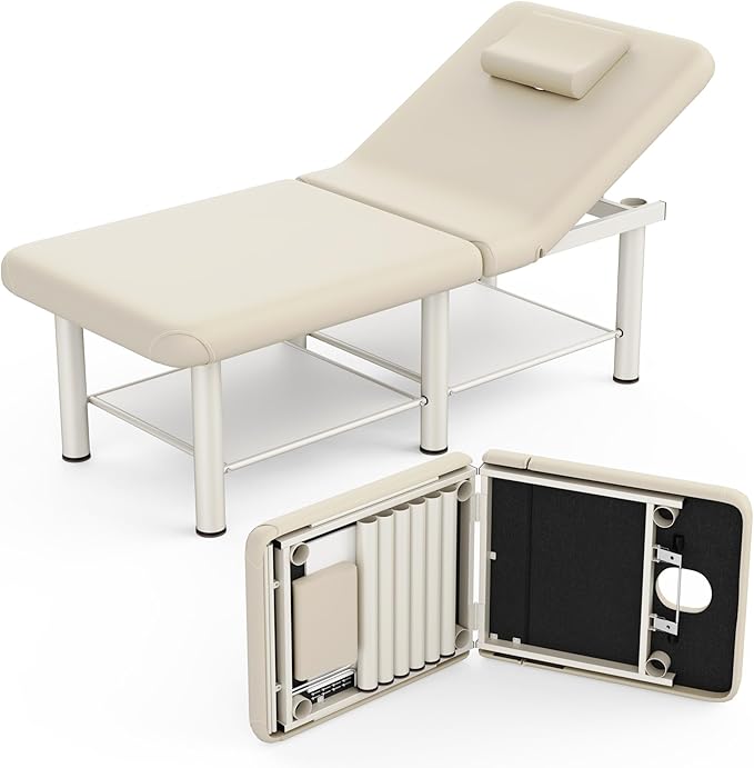 Folding Stationary Massage Table with Backrest and Storage Space for Treatment Table Physical Therapy Table Spa Facial Bed, 6 Round Legs Metal Frame PU Leather, 30.5'' Wide × 75'' Long - Beige Gray