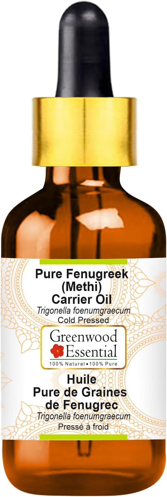 Greenwood Essential Fenugreek (Methi) Oil (Trigonella foenumgraecum) with Glass Dropper | Cold Pressed | Natural | For Diluting Essential Oils | For Hair, Skin & Massage | Unisex | 10ml (0.33 oz)
