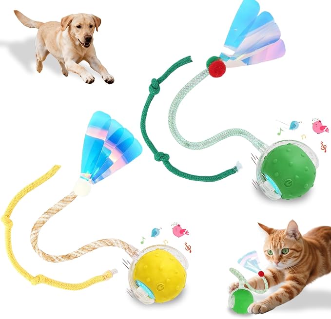Interactive Cat Toys Smart Ball for Cats & Dogs! Now with 2 Rapid Tails. Features: 360°Auto-Rolling, Motion Activation& Bird Sounds. Perfect for Indoor Pet Exercise & Fun. (Yellow＆Green)