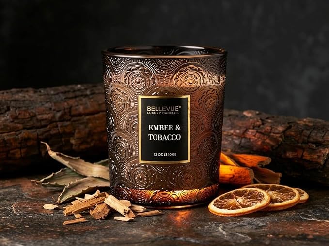 Bellevue Luxury Candles, 12 OZ Soy Blend Candle, Embossed Glass, Fragrances formulated with Essential Oils, Home Fragrances, Scented Candles Gift Set ǀ Scent: Ember & Tobacco