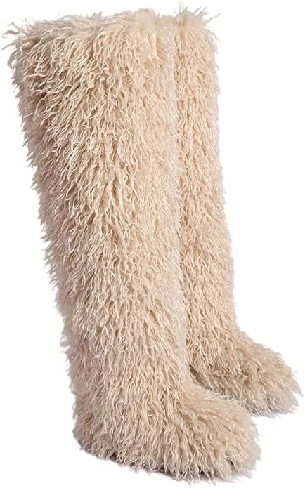SWEETHEART BEAUTY Thigh High Shagy Teddy Fur Boots, 29 Inch Over the Knee Length Fluffy High Boots, Tall Furry Shoes For Women