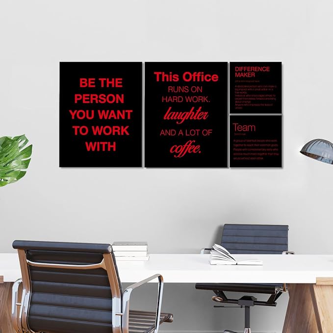 YEOION Motivational Office Wall Art,Inspirational Teamwork Wall Art for Office,Black and Red Positive Teamwork Wall Decor for Workplace Set of 6