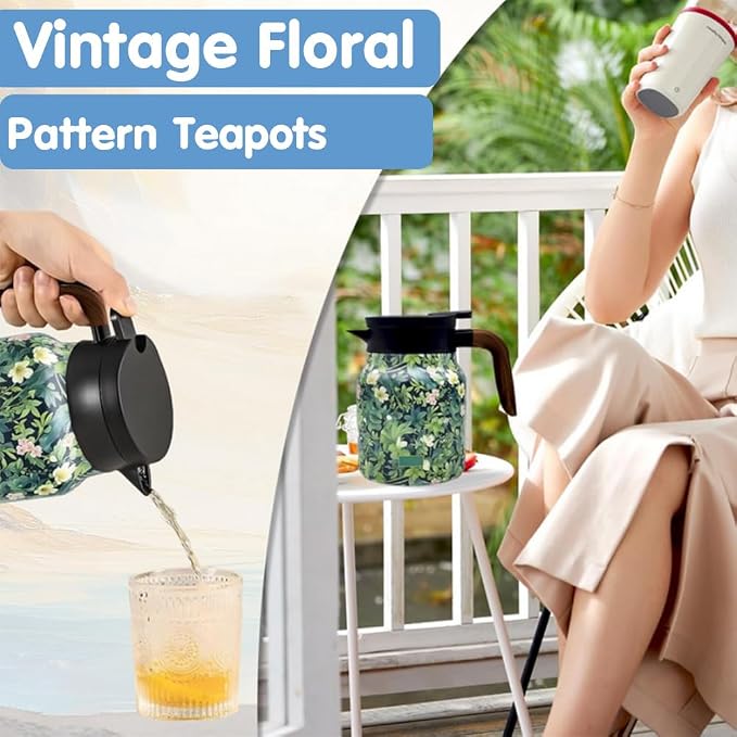 Vintage Floral Pattern Tea Pots – Built-in Infuser,Vintage Floral Teapot with Built In Infuser Stainless Steel Thermal Carafe with Lid for Hot Drinks,Green(Wooden handle,35oz)