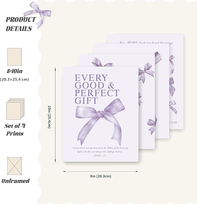 LARTSFRO Coquette Purple Bow Wall Art Decor Posters, Purple Bow Christian Room Bedroom Bathroom Dorm Wall Art Decor for College Teen Girls Kids Gifts, Inspirational Bible Verses Bow Wall Decor, 10x8 Inch Set of 4 Pcs Bow Pictures (UNFRAMED)