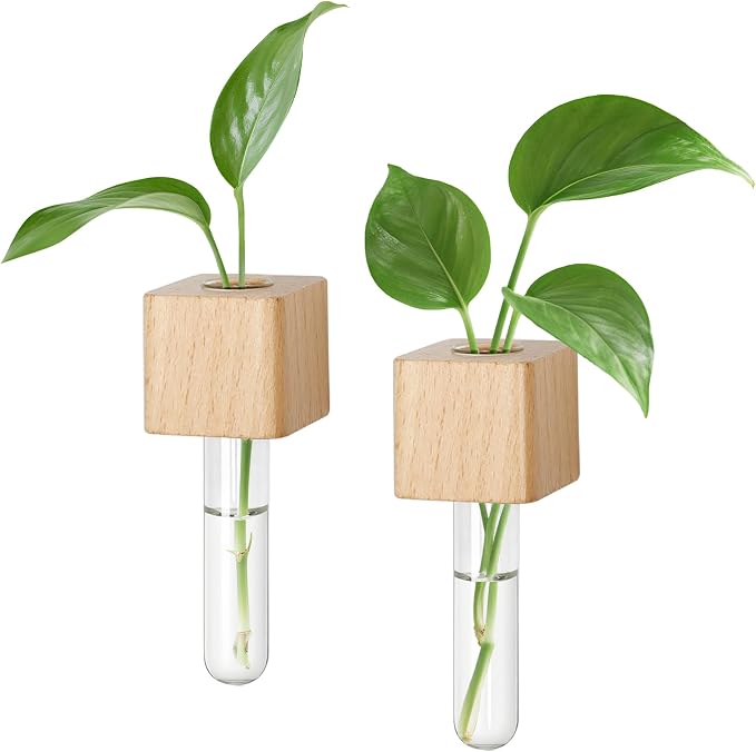 Magnetic Test Tube Flower Vases for Refrigerator, Set of 2 | Wooden magnetic vases in a natural wood finish for fresh cuttings and plant propagation. Plant not included.