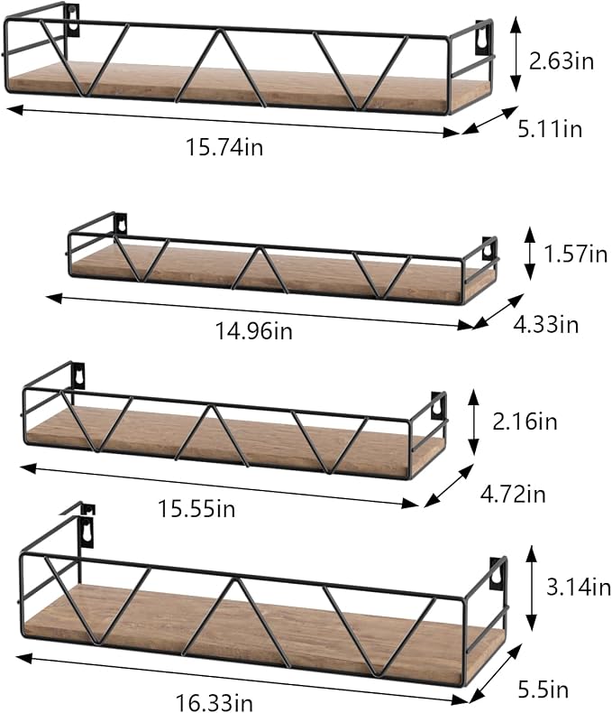 Floating Shelves Set of 4, Wood Wall Shelf, Farmhouse Shelf for Bedroom | Wall Mounted Floating Shelf for Living Room, Bedroom, Bathroom, Kitchen, Office