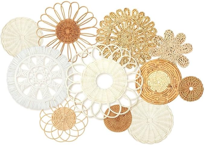 Tatuo 11 Pcs Boho Wall Basket Decor Bulrush Woven Wall Hanging Art Round Farmhouse Rustic Handmade Wicker for Summer Home, Bedroom, Living Room, Kitchen Decorations, Multi Sizes(Novel)