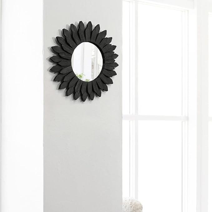 Boho Wall Decor Mirrors for Wall 2 Pack 12 inch Wood Decorative Mirror for Room Decor Rustic Farmhouse Mirror for Bedroom Bathroom Living Room Kitchen Black