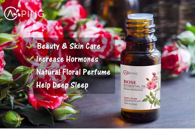 2-Pack Rose Essential Oil - 100% Pure Organic Natural Plant (Rosa damascena) Rose Oil for Diffuser, Aroma, Spa, Massage, Yoga, Perfume, 2x10ML