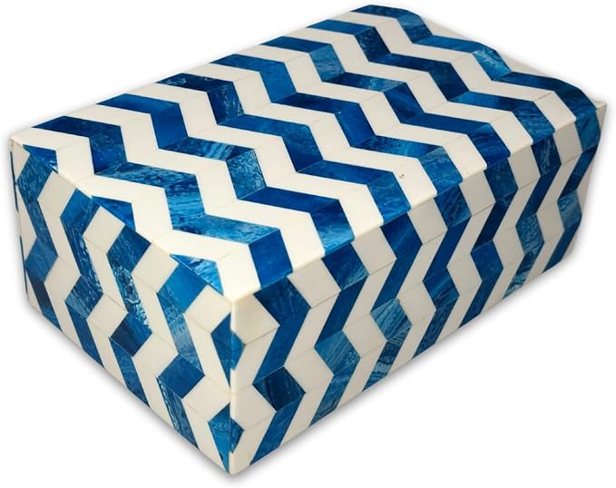 Perilla Home ﻿Home Decor Decorative Storage Wooden Box Small Wooden Organizer Tool Stash Card Craft Trinket Memory Keepsake Jewelry Box for Men and Women, Chevron, Gifts For All, Blue and Off White