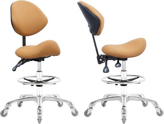 Saddle Stool Chair with Back Support Footrest, Heavy-Duty(350LBS), Hydraulic Rolling Swivel Adjustable Stool Chair for Salon Spa Beauty Massage Dental Clinic Home Office Use(Camel)