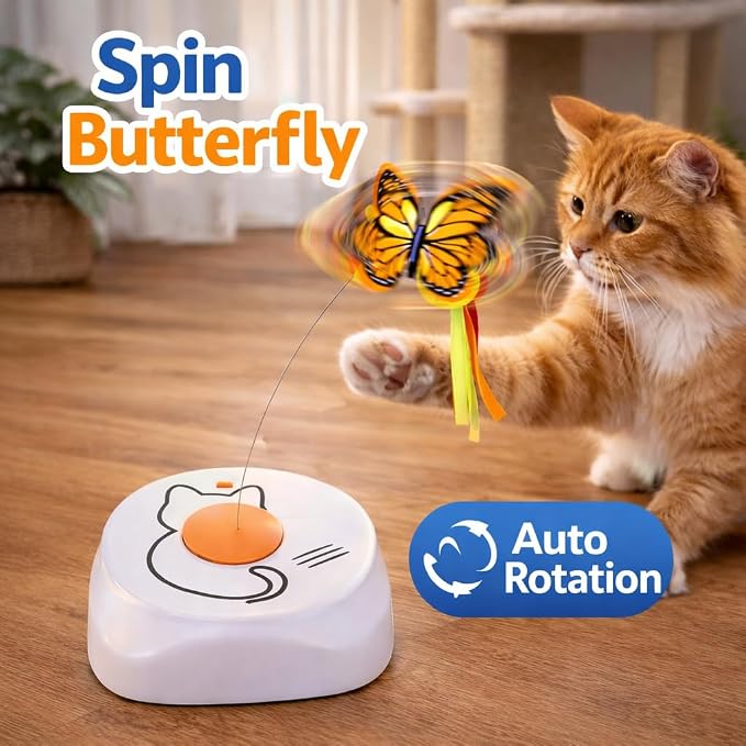 Interactive Cat Toy for Indoor Cats, Automatic Rotating Butterfly Feather Wand, Self Play Electric Cat Toy for Exercise & Mental Stimulation, Quiet Energy-Saving, AA Battery Operated