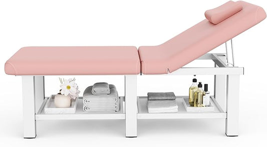 30.5'' Wide × 75'' Long Folding Stationary Massage Table with Backrest and Storage Space for Treatment Table Physical Therapy Table Spa Facial Bed, 6 Square legs, Metal Frame PU Leather - Pink
