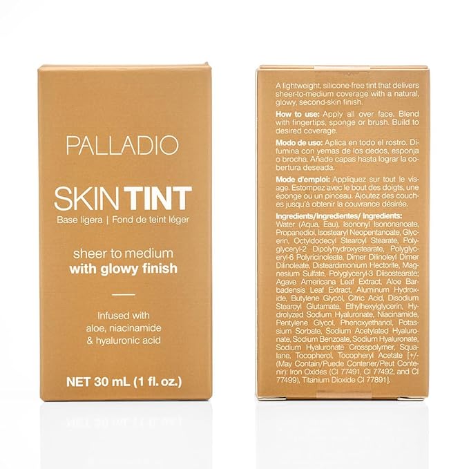 Palladio Skin Tint with Aloe, Niacinamide and Hyaluronic Acid, Sheer to Medium Coverage, Glowy Finish, Brightening and Blurring Lightweight Foundation Makeup (Dark Caramel)
