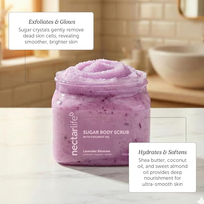 Nectar Life Exfoliating Sugar Scrub, Moisturizing Body Scrub with Coconut Oil & Shea Butter, Pre Shave Exfoliator (16 Ounce, Lavender)