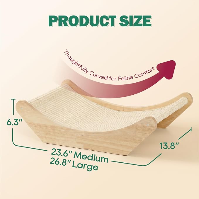 Zakkart Cat Sisal Scratching Bed Hammock, 2-in-1 Cat Scratcher & Lounging Bed, 100% Natural Sisal Mat, Solid Wood Frame, Cat Furniture Protector (Medium, Natural Color)