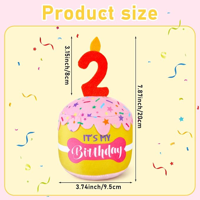 Dansydaisy Dog Birthday Cake Toy Squeaky Plush Gift,2nd,Pink and Yellow