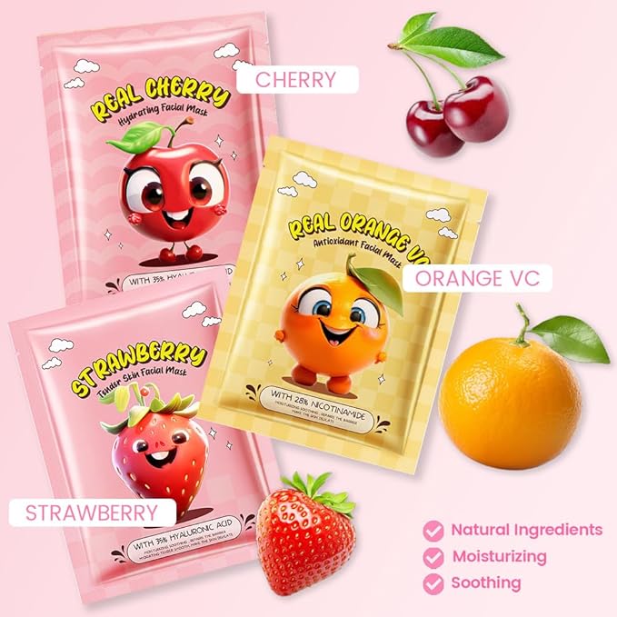 evpct 12-Pack Fruit Sheet Face Facial Masks for Women Skincare Spa, Facial Spa Day Slumber Sleepover Birthday Party Favors Supplies, Natural Ingredients, Hydrate and Soothe for All Skin Types, SetA04