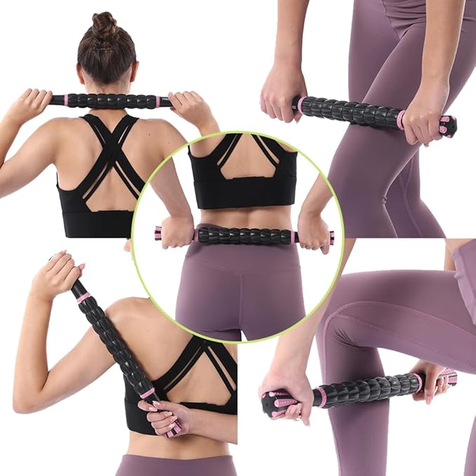 Muscle Roller Massage Roller Stick- Deep Tissue Fascia Blaster for Myofascial Pain Relief, Lymphatic Drainage & Body Sculpting, Handheld Physical Therapy & Recovery Tool (Pink black-18 inch)