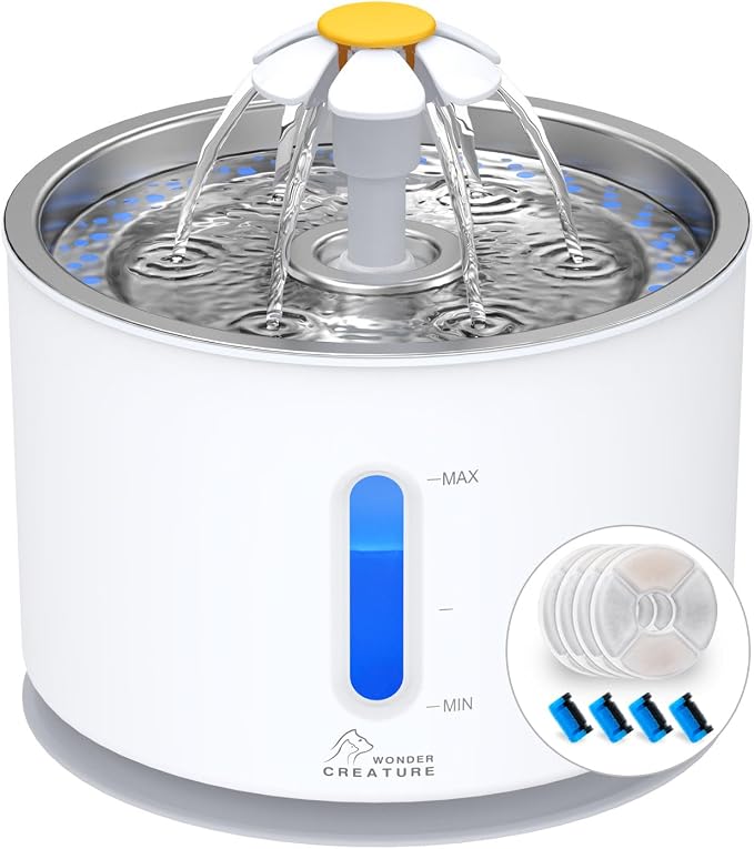 Wonder Creature Cat Water Fountain Stainless Steel Lid with 4 Filters, 81oz | 2.4L Pet Fountain with 4 Filters, 4 Sponges, Quiet Pump, Water Level Window, Stainless Steel Lid for Cats and Dogs