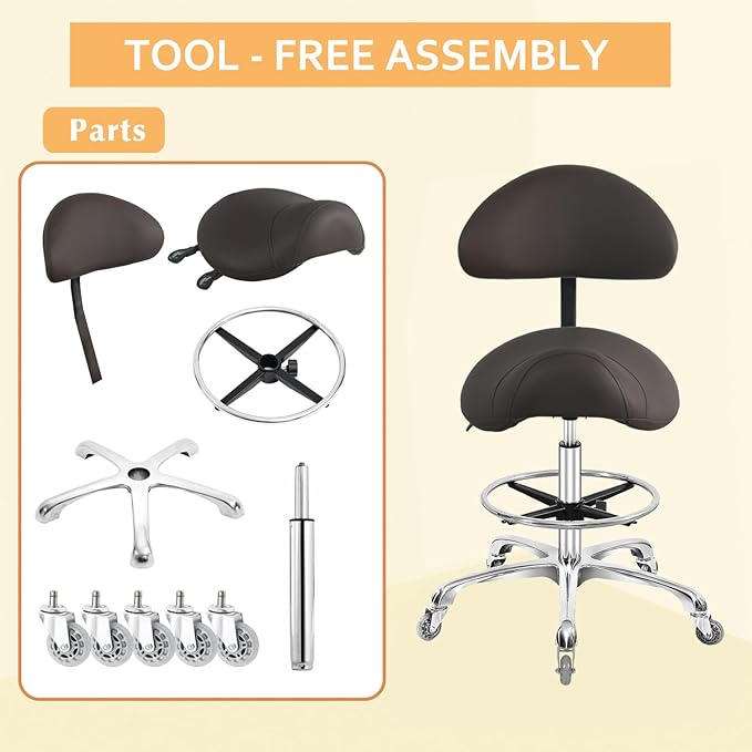 Saddle Stool Chair with Back Support Footrest, Heavy-Duty(350LBS), Hydraulic Rolling Swivel Adjustable Stool Chair for Salon Spa Beauty Massage Dental Clinic Home Office Use(Coffee)
