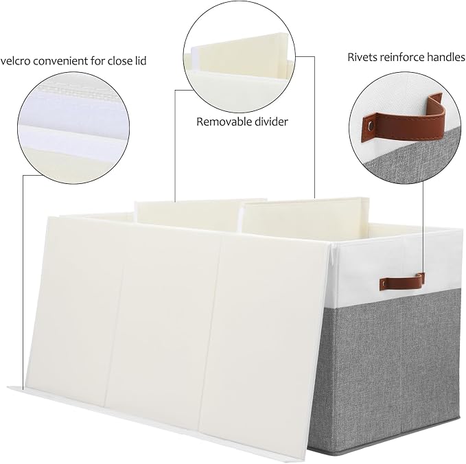Extra Large Toy Storage Box with Lid,Toy Chest Bin Basket with Dividers | Sturdy Toy Organizer Bin for Kids, Boys, Girls, Nursery, Closet, Bedroom, Playroom 35.5"x17" x17"(Grey and White)