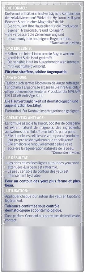 NIVEA Hyaluron Cellular Filler Anti-Age Eye Cream 15 ml / 0.51 fl oz – Lightweight Hyaluronic Acid Eye Care Cream – Smooth, Fast-Absorbing Formula for Daily Use Around Eyes