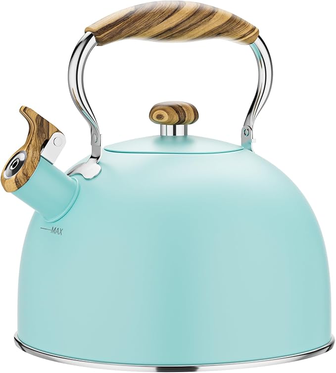 2.6 Quart Tea Kettle Stovetop Whistling for Stove Top, Blue | Food Grade Stainless Steel Tea Kettles with Cool Wood Pattern Handle, Induction Compatible