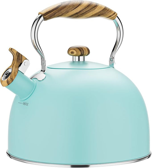 2.6 Quart Tea Kettle Stovetop Whistling for Stove Top, Blue | Food Grade Stainless Steel Tea Kettles with Cool Wood Pattern Handle, Induction Compatible