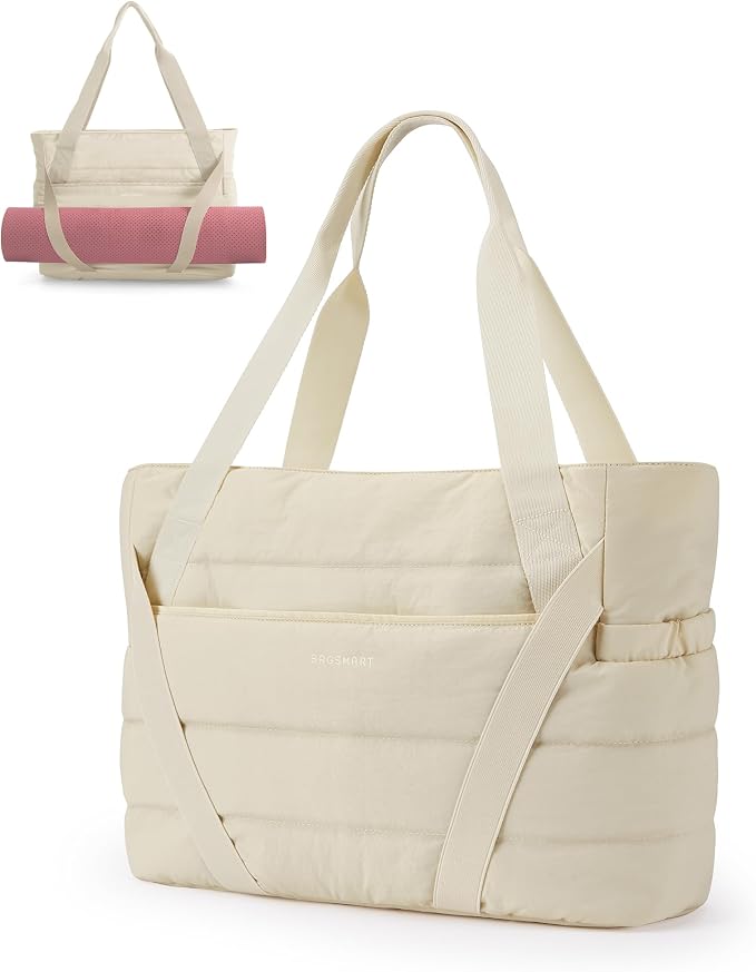 BAGSMART Tote Bag for Women with Zipper and Yoga Mat Straps Quilted Gym Tote for Travel, Work, Sport
