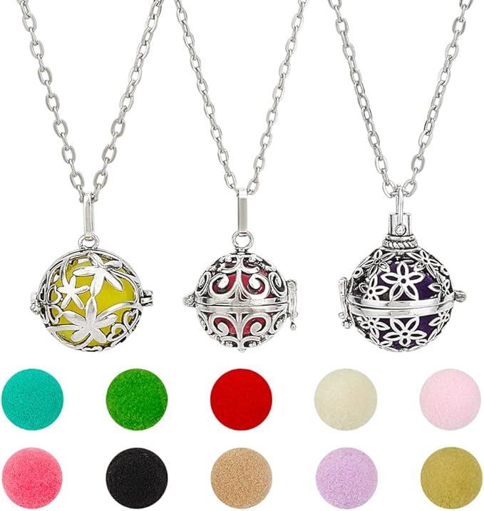 PH PandaHall 3pcs Essential Oil Diffuser Necklace, Aromatherapy Locket Pendant Scent Necklace with 10pcs Color Cotton Balls Platinum Flower Pendant Necklaces Chain for Men Women Jewelry Birthday Gifts