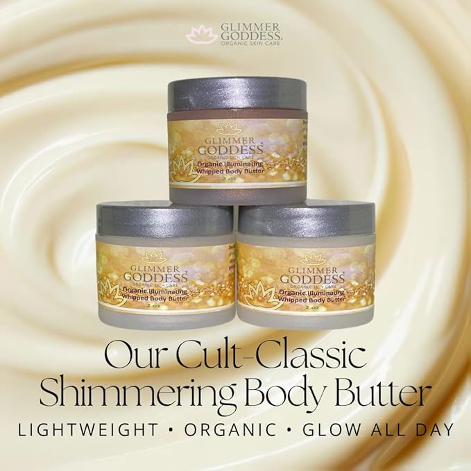 GLIMMER GODDESS Shimmer Body Butter with Organic Whipped Shea Butter for Hydration, Moisturizing & Silky Natural Glow - Bronze, Diamond & Gold in Sexy, 2oz, Pack of 3