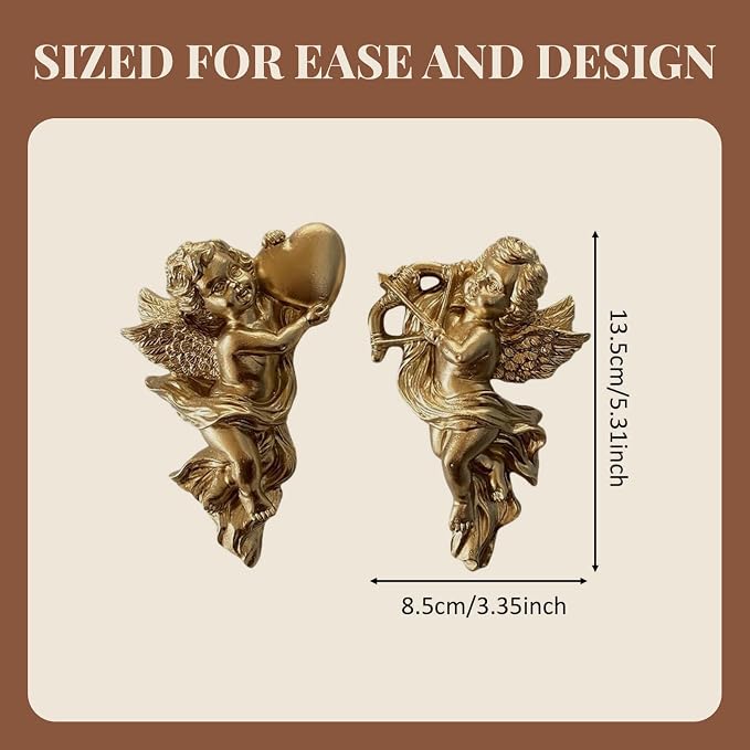 2Pcs Gold Resin Winged Angel Wall Sculptures Wall Hanging Adornment Cherub Cupid 5.3 inch Tall Adorable Angelic Figure Angel Figurines Crafts Vintage Ornament for Wedding Decor