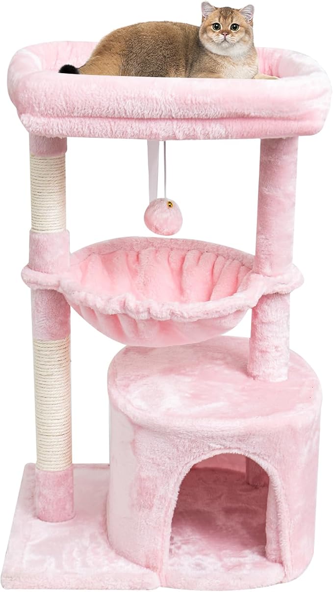 SYANDLVY Pink Cat Tree for Indoor Cats, Modern Tower with Scratching Post | Modern Cat House with Padded Perch, Kittens Condo with Cradle, Cat Cave, Pink