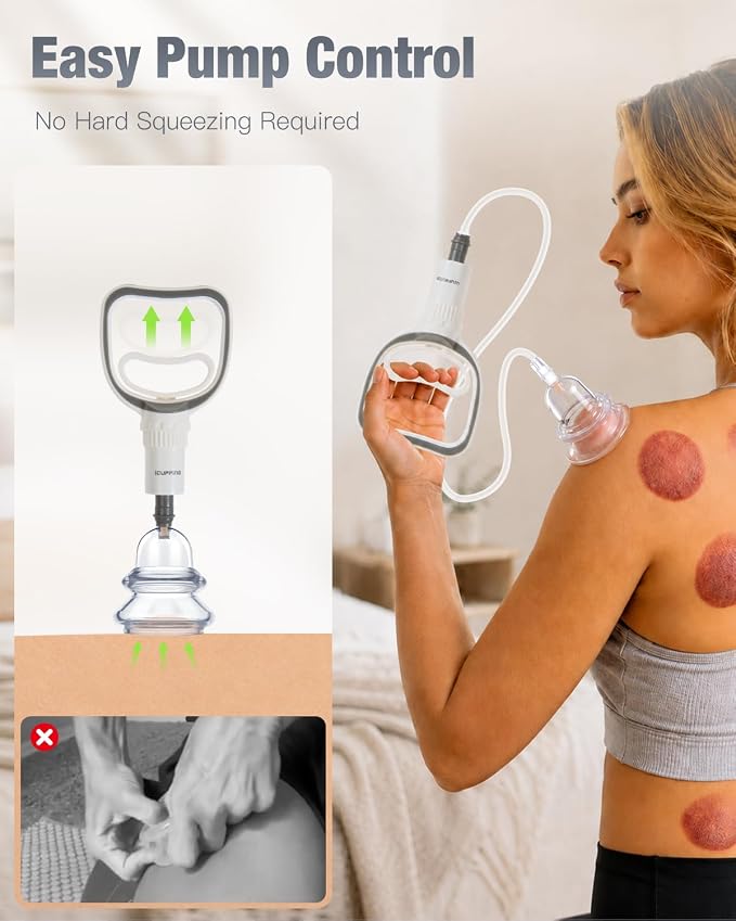 ICUPPING CUVIA Hybrid Cupping Therapy Set with Hand Pump Suction Cups | Manual cupping therapy set with hand pump and silicone suction cups for adjustable body and back massage routines