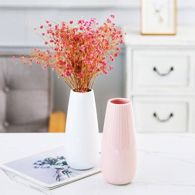 Pink Ceramic Vase, 7.5 Inch Flower Vase with Vertical Stripes for Pampas Calla Lily Tulip, Minimalism Modern Style for Housewarming, Weddings, Birthday, Christmas, Thanksgiving, New Year
