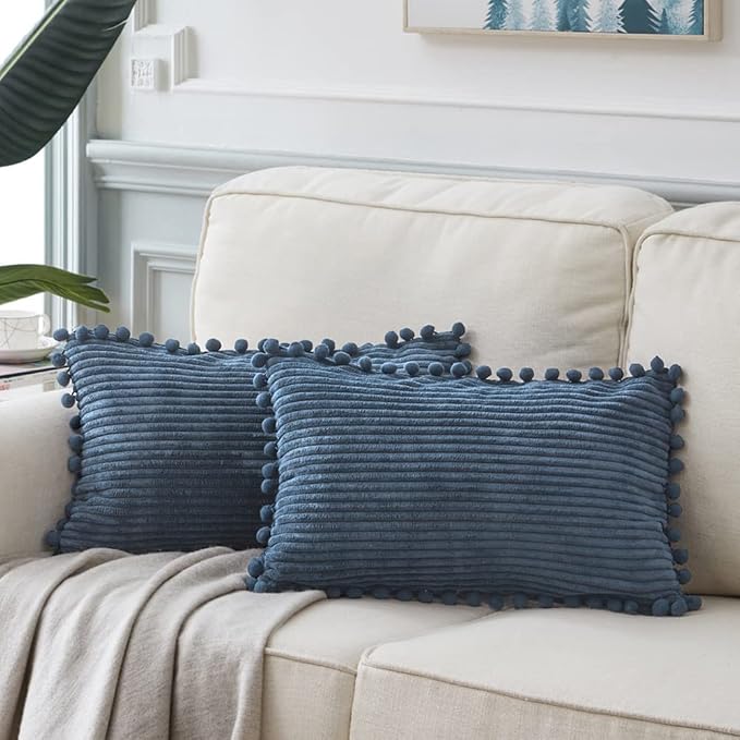 Fancy Homi Pack of 2 Dusty Blue Decorative Throw Pillow Covers 12x20 Inch with Pom-poms for Living Room Couch Bedroom, Soft Corduroy Solid Lumbar Cushion Case 30x50 cm, Rustic Farmhouse Home Decor